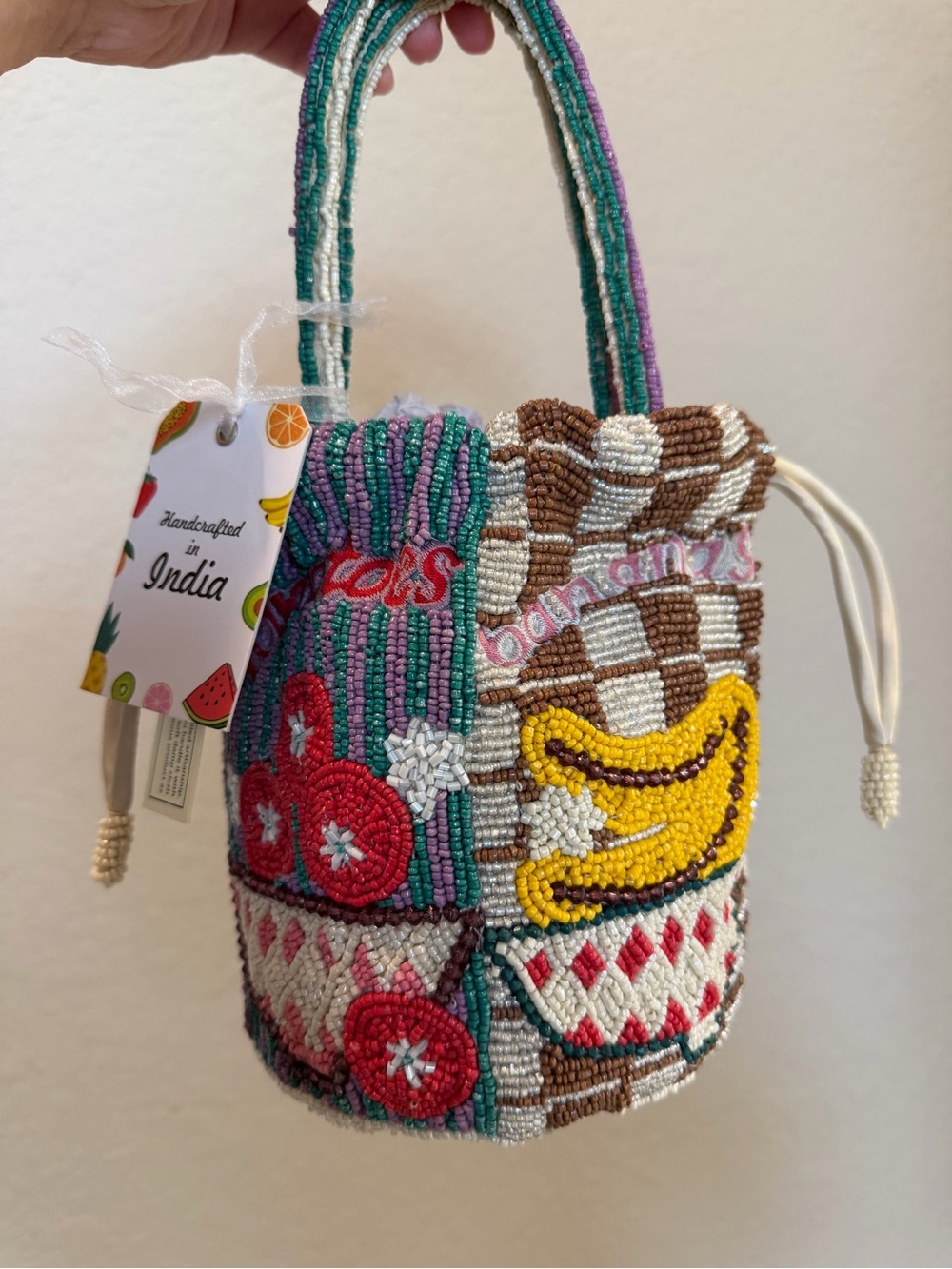 Viral Fruit Market Beaded Mini Drawstring Bucket Bag